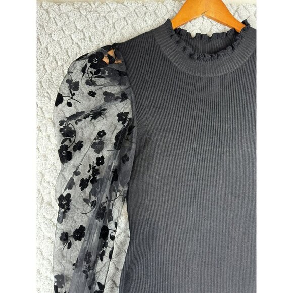 Almost Famous Black Dress Stretch below Knee‎ Sheer Floral Sleeves Size M/L - Picture 4 of 12